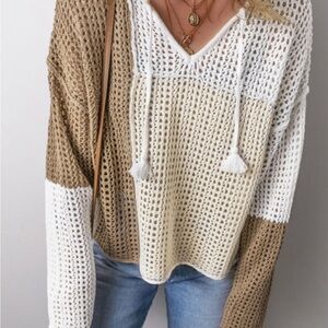 Brown Color Block hollow-out front tie v neck light weight sweater